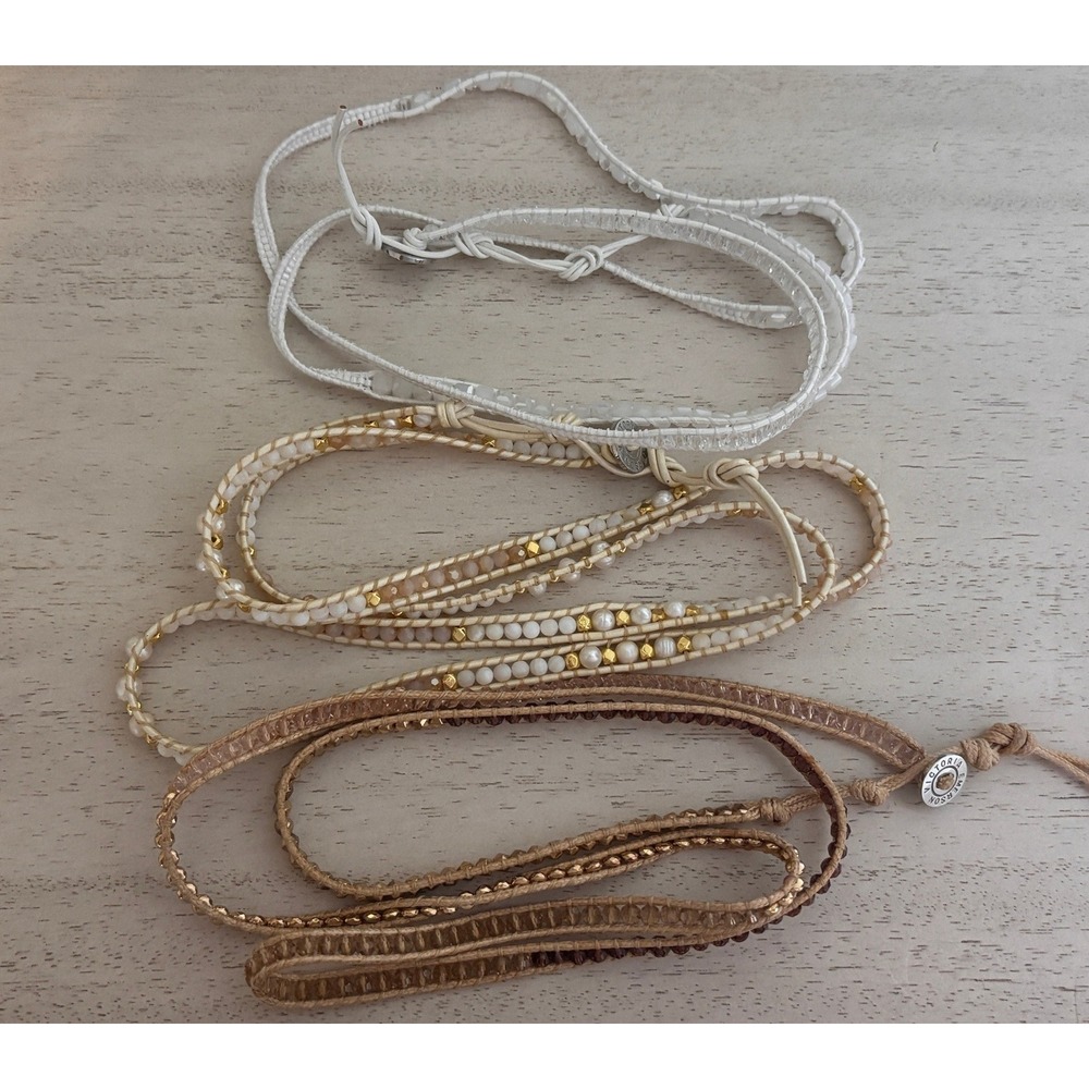 Victoria Emerson Boho Wrap Bracelet Bundle White Pearl Crystal Tan Gold Set of 3 - Picture 3 of 3